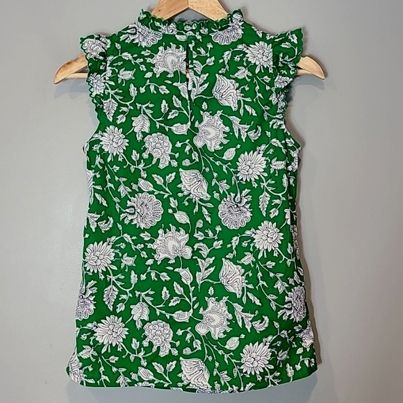 J. Crew Floral Cotton Poplin Ruffle Neck Top Size XXS Green White Summer Comfy - Picture 4 of 7